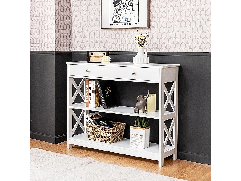 Table de Console Table d'Entrée avec 1 Tiroir et 2 Etagères de Rangement pour Couloir Salon 100 x 30 x 80 CM Blanche