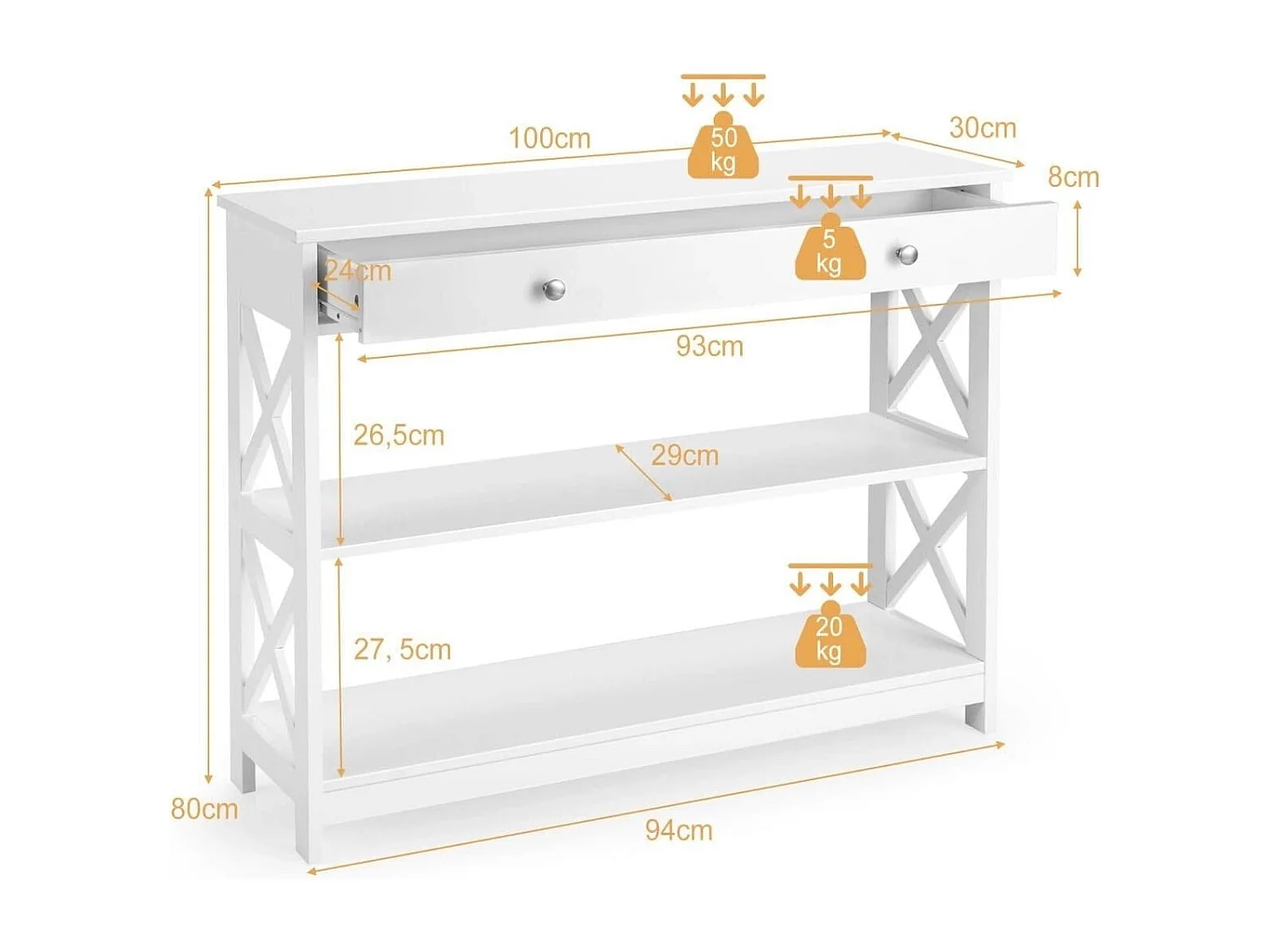 Konsolentisch 3-Stufiger Aufbewahrungsregal mit 1 Schublade und 2 Ablageflächen 100 x 30 x 80 cm Weiß