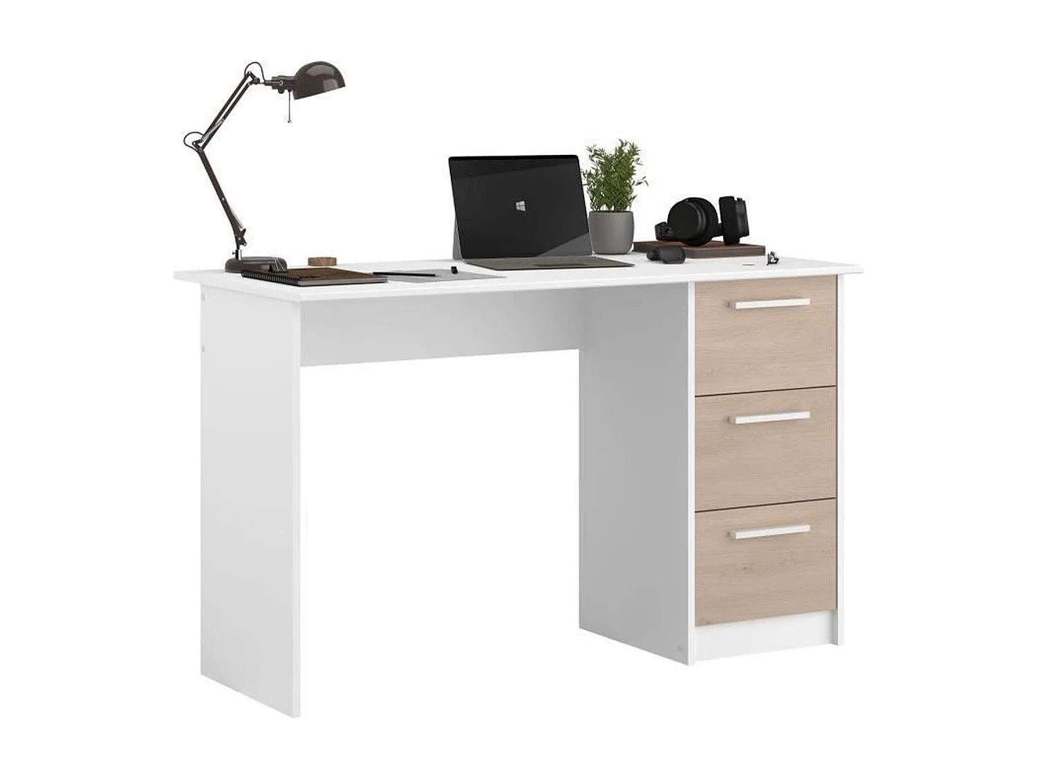 Bureau 3 tiroirs décor chêne et blanc, Essentiel, fabriqué en France, Parisot