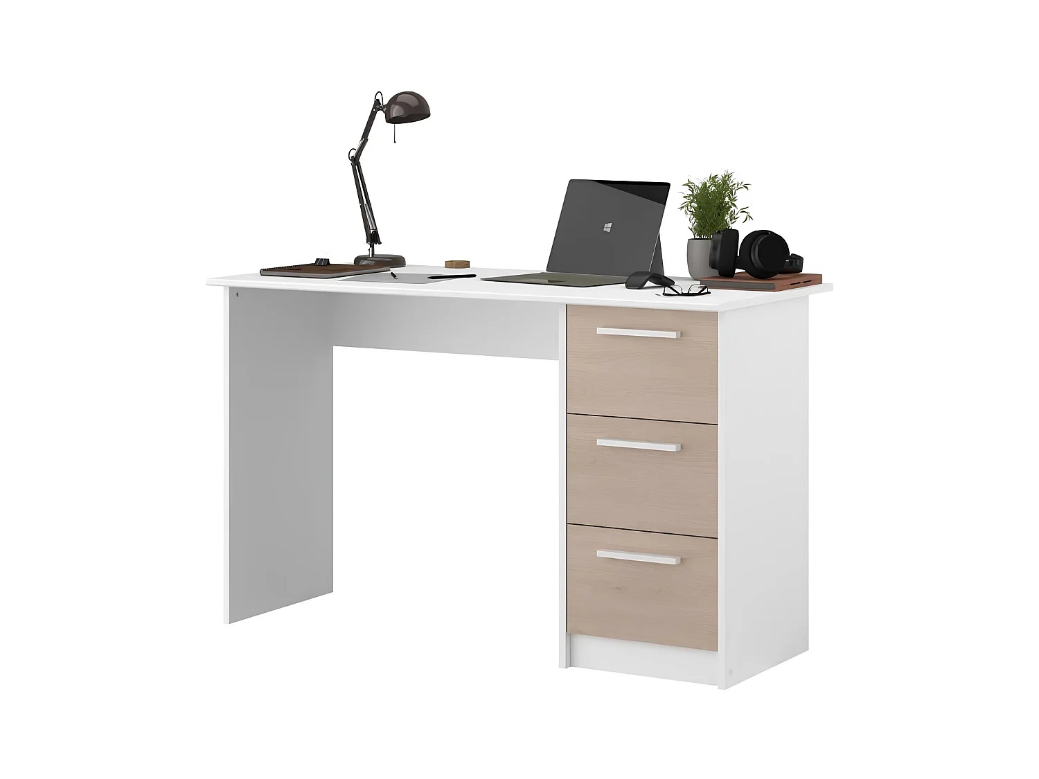 Bureau 3 tiroirs décor chêne et blanc, Essentiel, fabriqué en France, Parisot