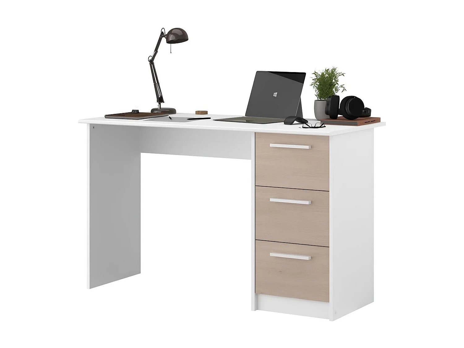 Bureau 3 tiroirs décor chêne et blanc, Essentiel, fabriqué en France, Parisot