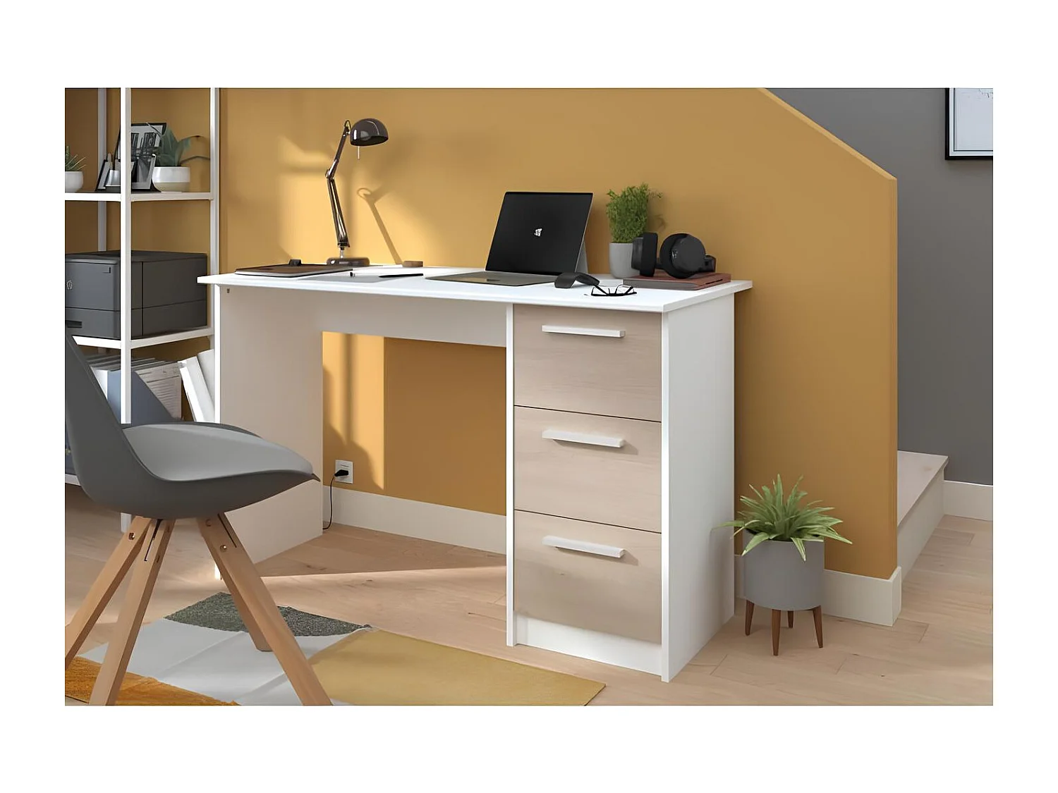 Bureau 3 tiroirs décor chêne et blanc, Essentiel, fabriqué en France, Parisot