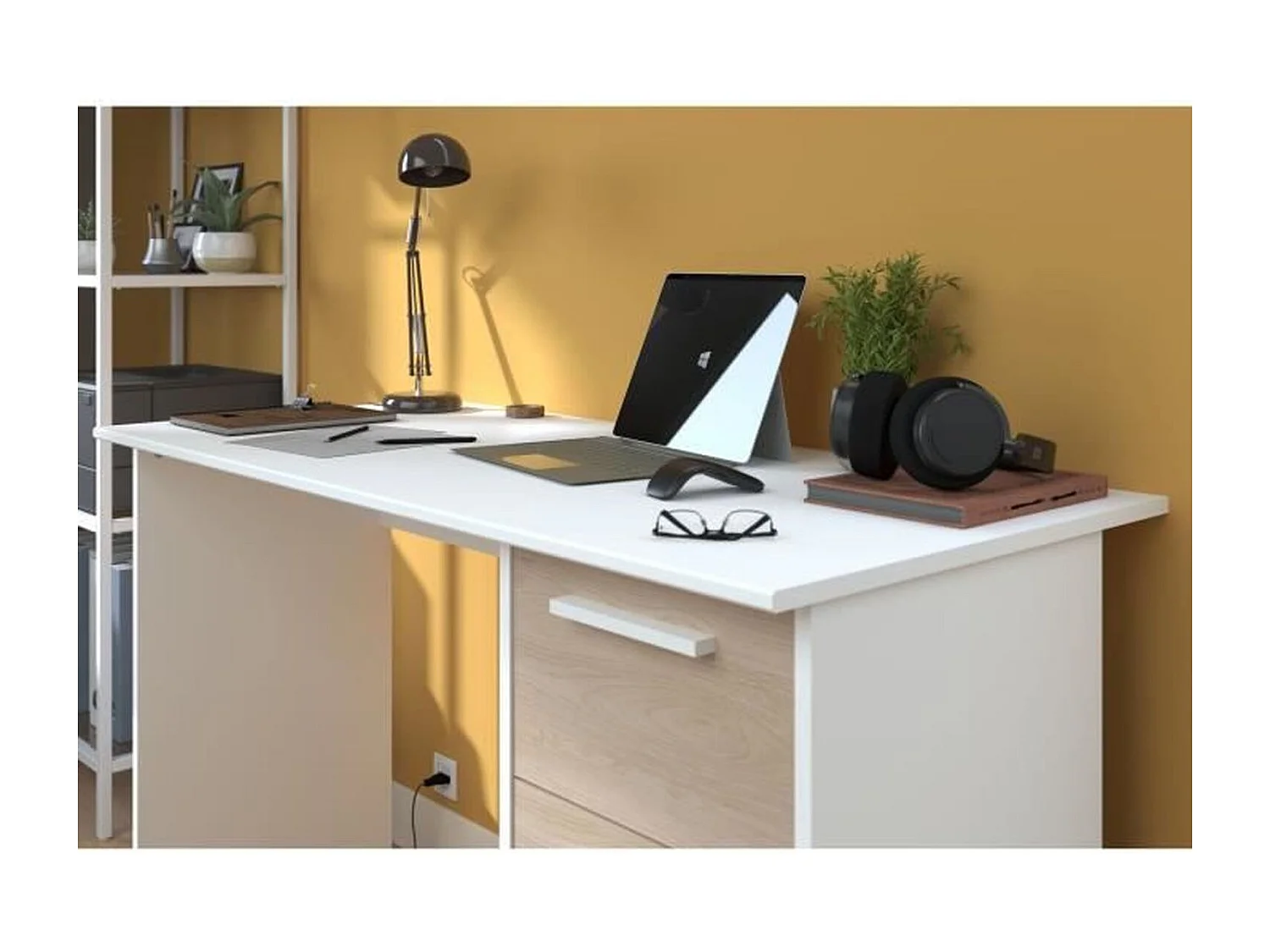 Bureau 3 tiroirs décor chêne et blanc, Essentiel, fabriqué en France, Parisot