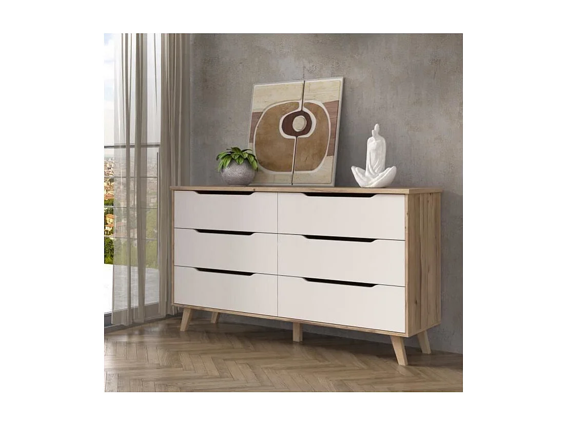 VANKKA Commode 6 tiroirs - Décor chene et blanc - L 154 x P 42 x H 86 cm