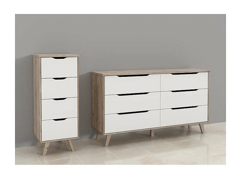 VANKKA Commode 6 tiroirs - Décor chene et blanc - L 154 x P 42 x H 86 cm
