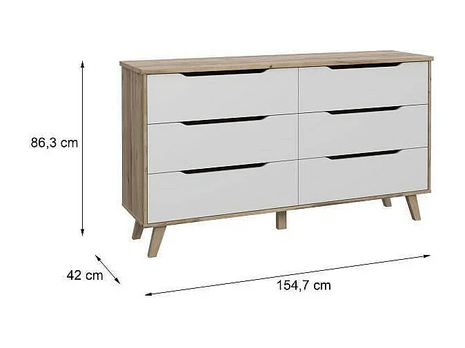 VANKKA Commode 6 tiroirs - Décor chene et blanc - L 154 x P 42 x H 86 cm