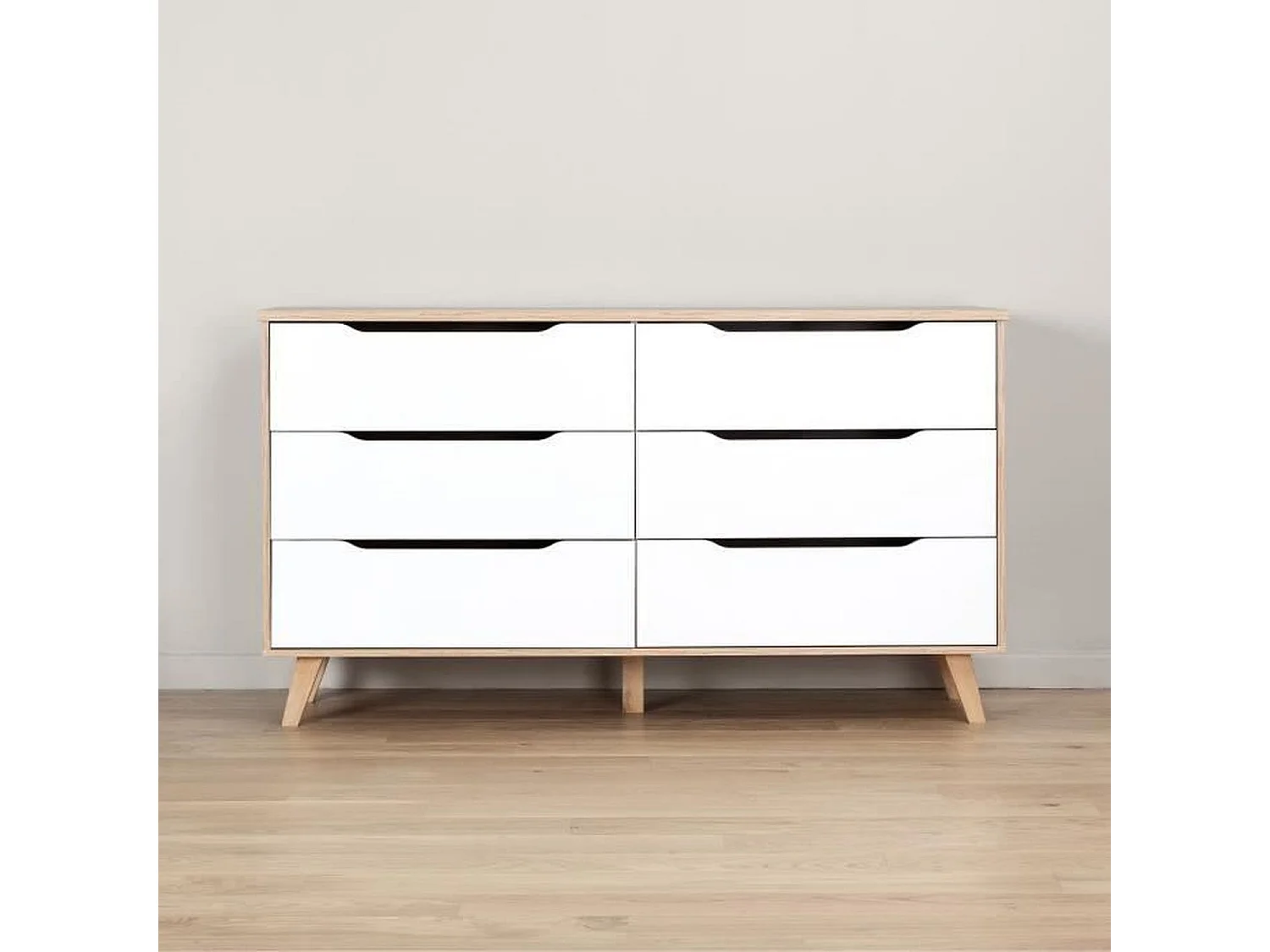 VANKKA Commode 6 tiroirs - Décor chene et blanc - L 154 x P 42 x H 86 cm