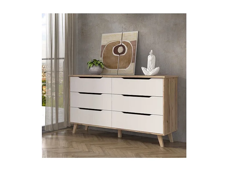 VANKKA Commode 6 tiroirs - Décor chene et blanc - L 154 x P 42 x H 86 cm