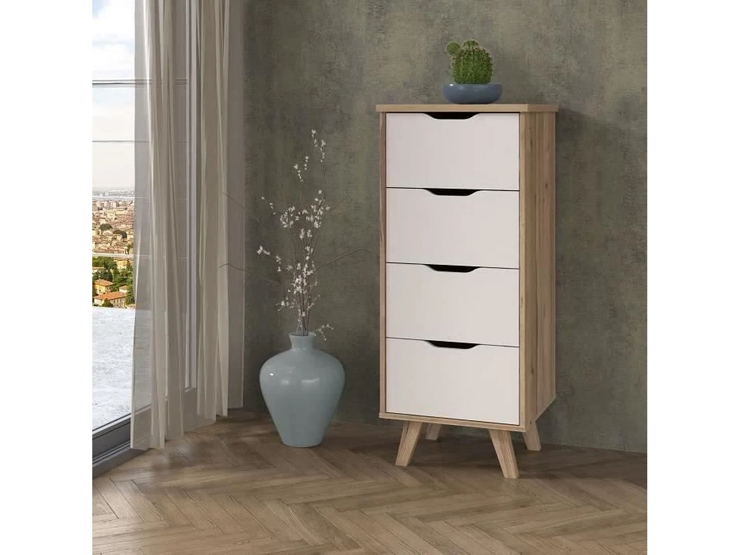 VANKKA Chiffonnier 4 tiroirs - Décor chene et blanc - L 45 x P 42 x H 108 cm