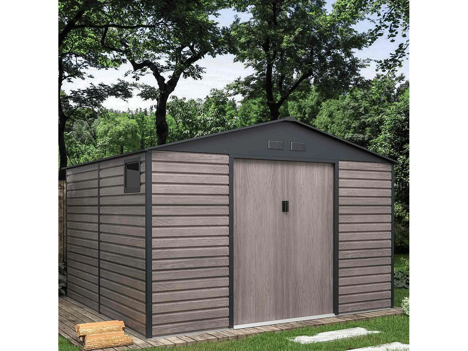 Abri de Jardin en Métal Gardiun Surrey 10,85 m2 Extérieur 340x319x226 cm en Acier avec Fenêtre Latérale et Effect Bois Grainé