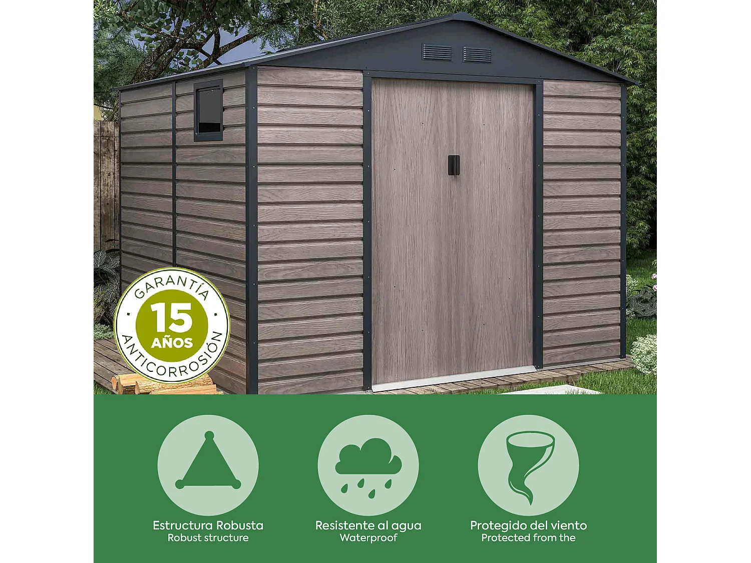 Abri de Jardin en Métal Gardiun Surrey 10,85 m2 Extérieur 340x319x226 cm en Acier avec Fenêtre Latérale et Effect Bois Grainé