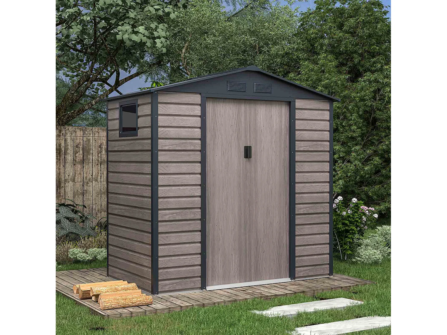 Caseta Metálica Gardiun Surrey 2,71 m2 Exterior 213x127x211 cm de Acero con Ventana Lateral y Efecto Madera Veteada