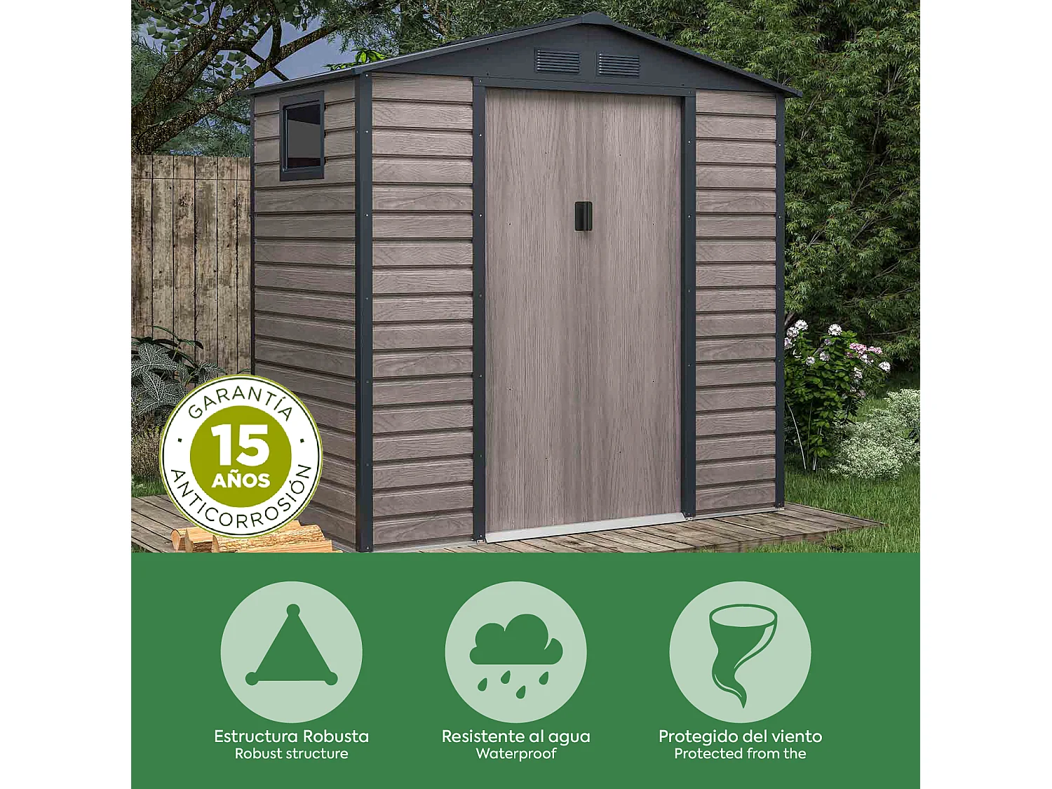 Caseta Metálica Gardiun Surrey 2,71 m2 Exterior 213x127x211 cm de Acero con Ventana Lateral y Efecto Madera Veteada