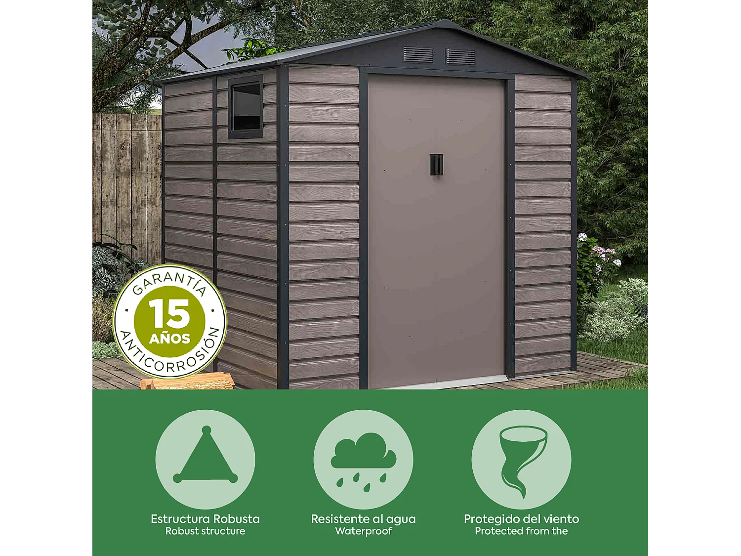 Abri de Jardin en Métal Gardiun Surrey 4,07 m2 Extérieur 213x191x211 cm en Acier avec Fenêtre Latérale et Effect Bois Grainé