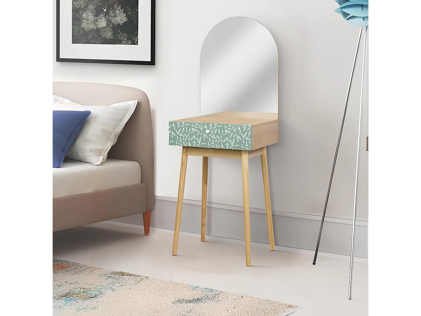 Coiffeuse 1 tiroir 1 miroir, décor chêne et vert, Gardenia