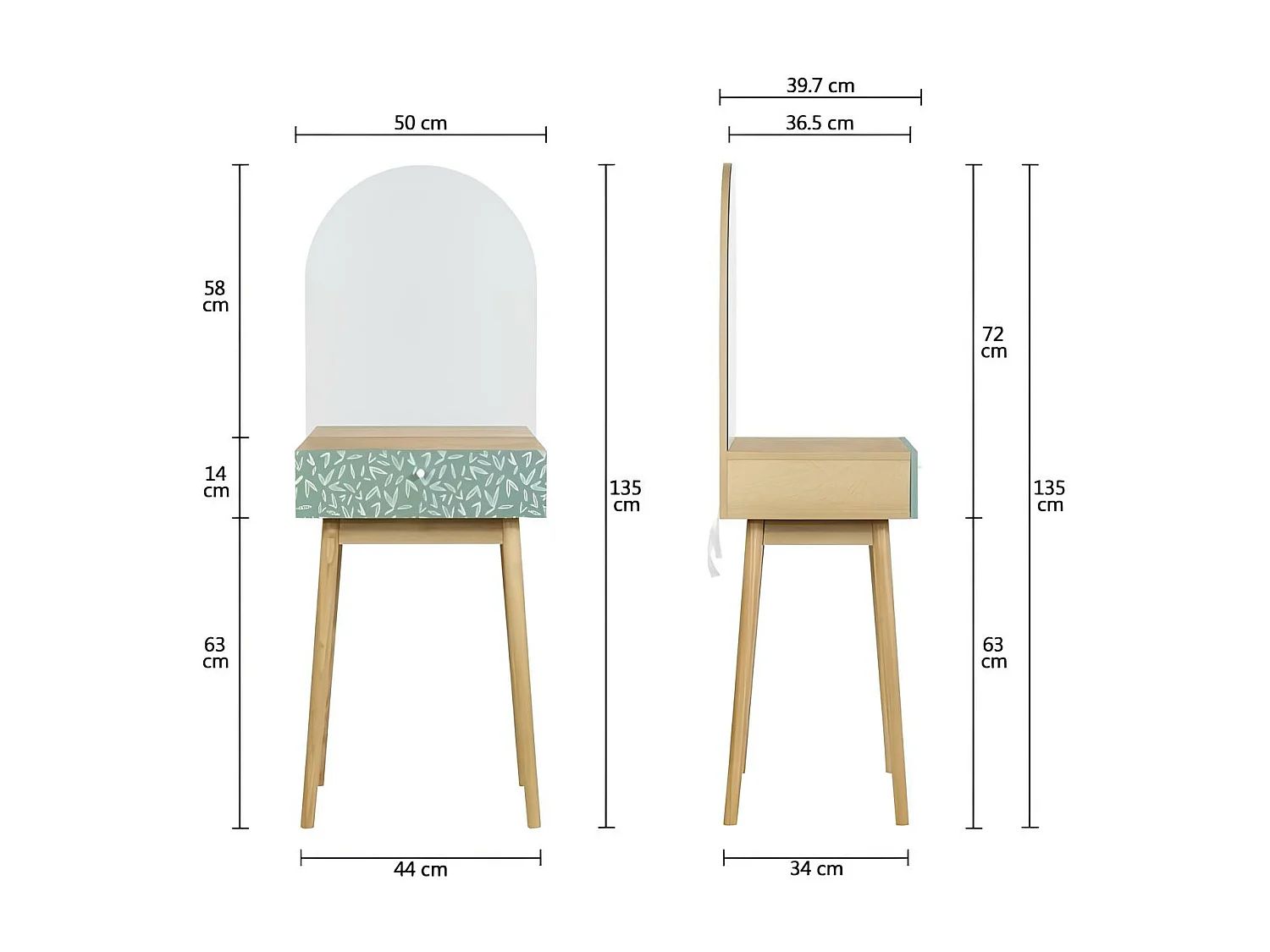 Coiffeuse 1 tiroir 1 miroir, décor chêne et vert, Gardenia