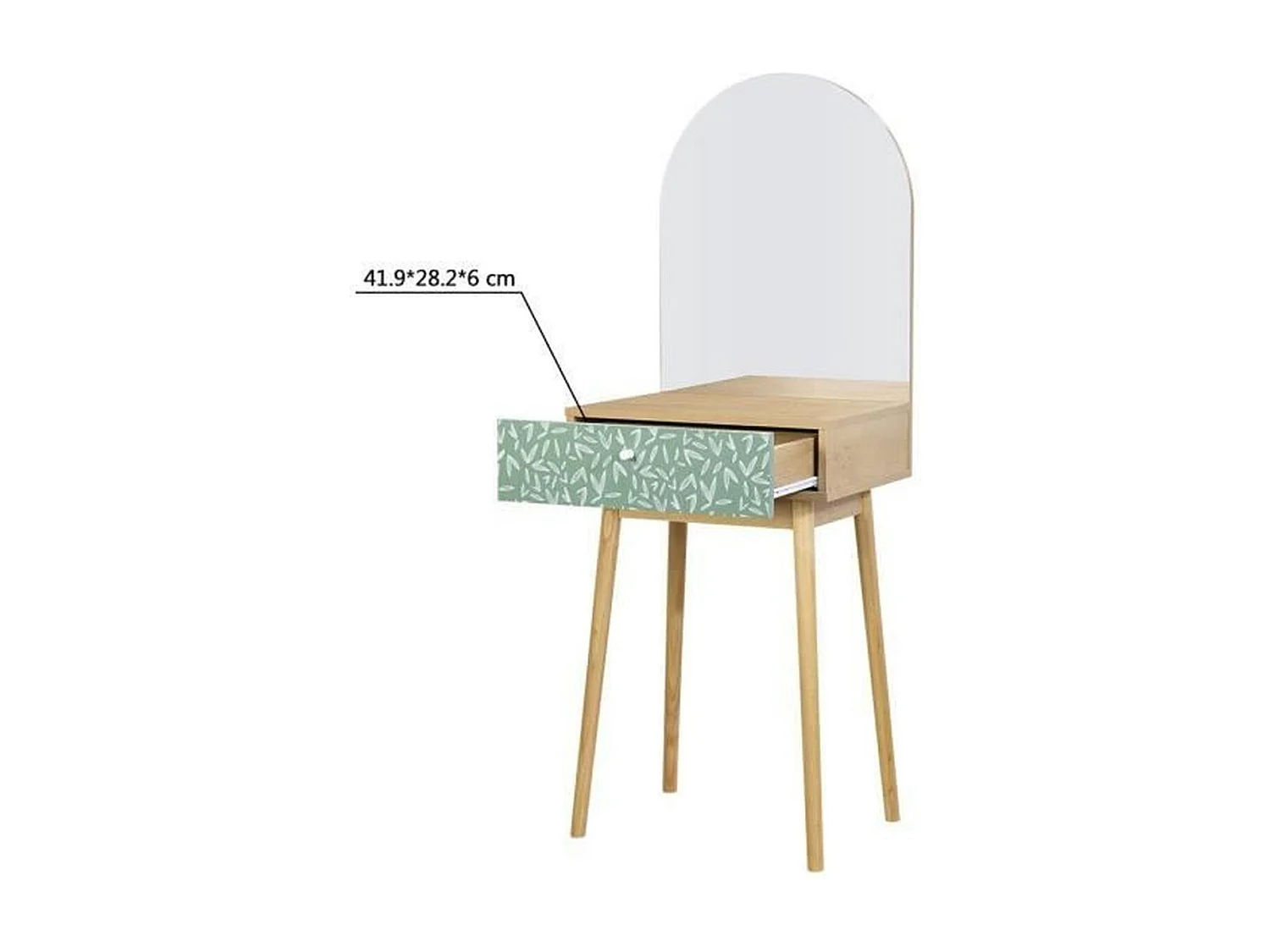 Coiffeuse 1 tiroir 1 miroir, décor chêne et vert, Gardenia