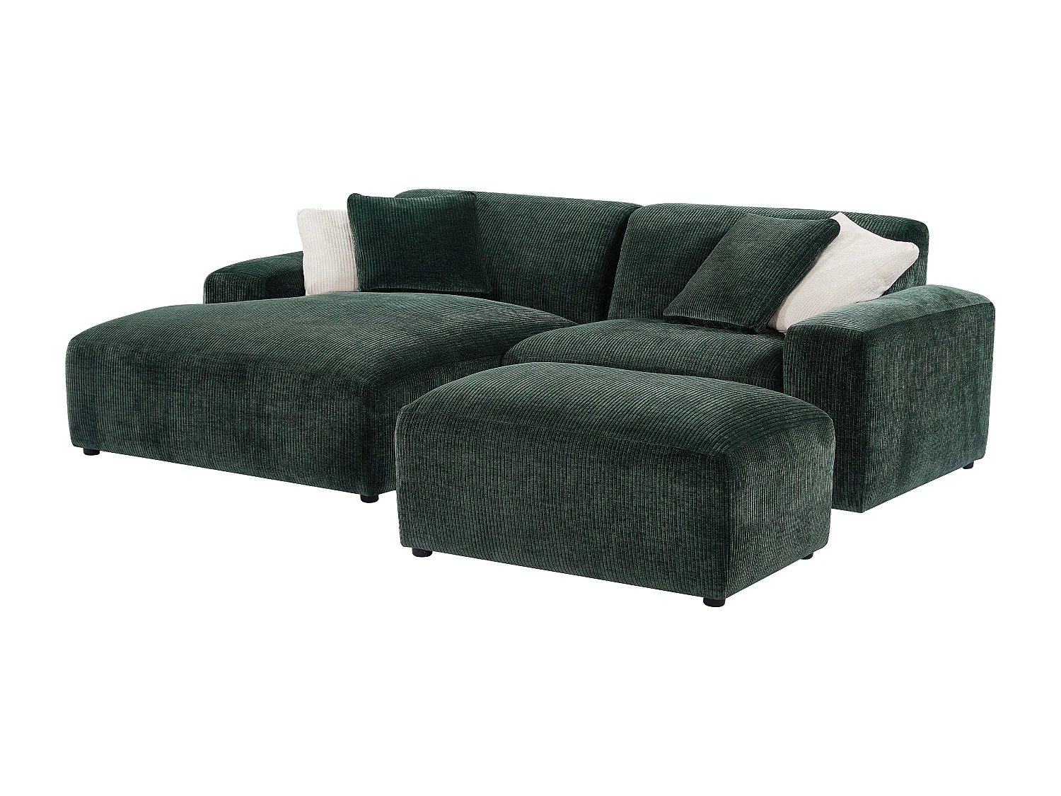 Canapé d'angle gauche et pouf en velours côtelé vert sapin TIRONO de Maison Céphy