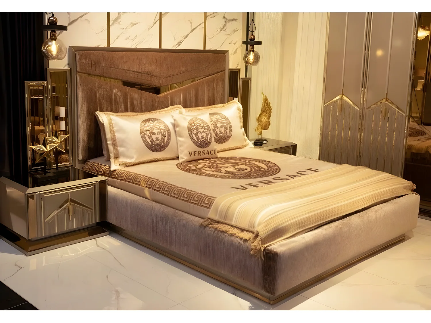 Schlafzimmer Bett Nachttisch Schminktisch Spiegel Kleiderschrank Garnitur 6tlg