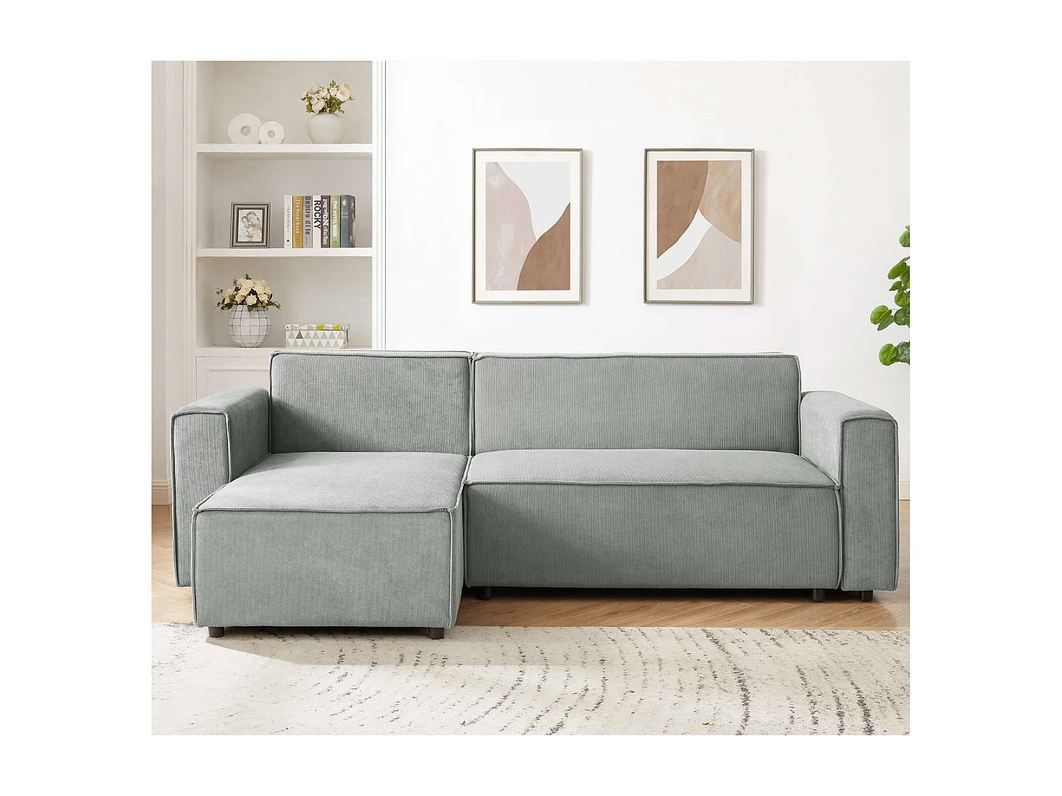 Canapé d'angle convertible réversible Lorenzo en velours côtelé Gris clair