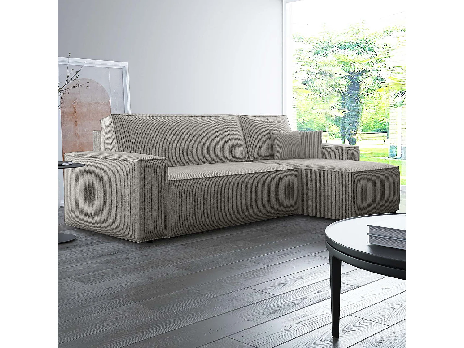 Canapé d'angle convertible coulissant 4 places réversible en velours taupe
