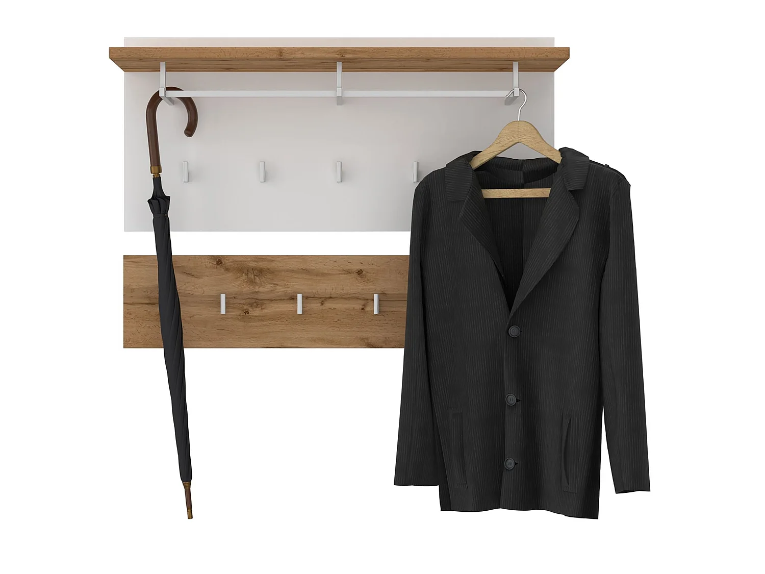 Portemanteau mural 9 patères 1 tringle VIELLA, avec 1 étagère de rangement, en mélaminé chêne wotan et blanc