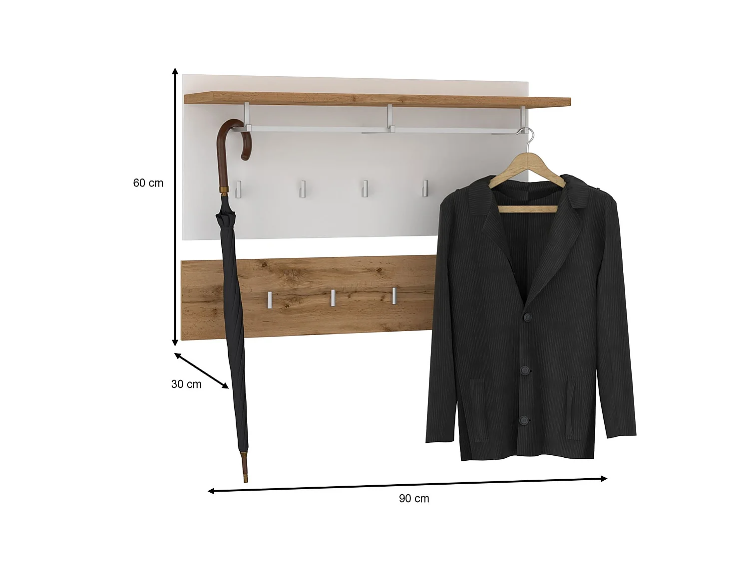 Portemanteau mural 9 patères 1 tringle VIELLA, avec 1 étagère de rangement, en mélaminé chêne wotan et blanc