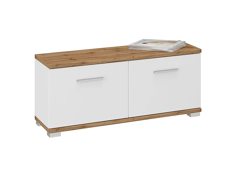 Banc rangement à chaussures VIELLA banc d'entrée 2 portes, en mélaminé couleur chêne wotan et blanc