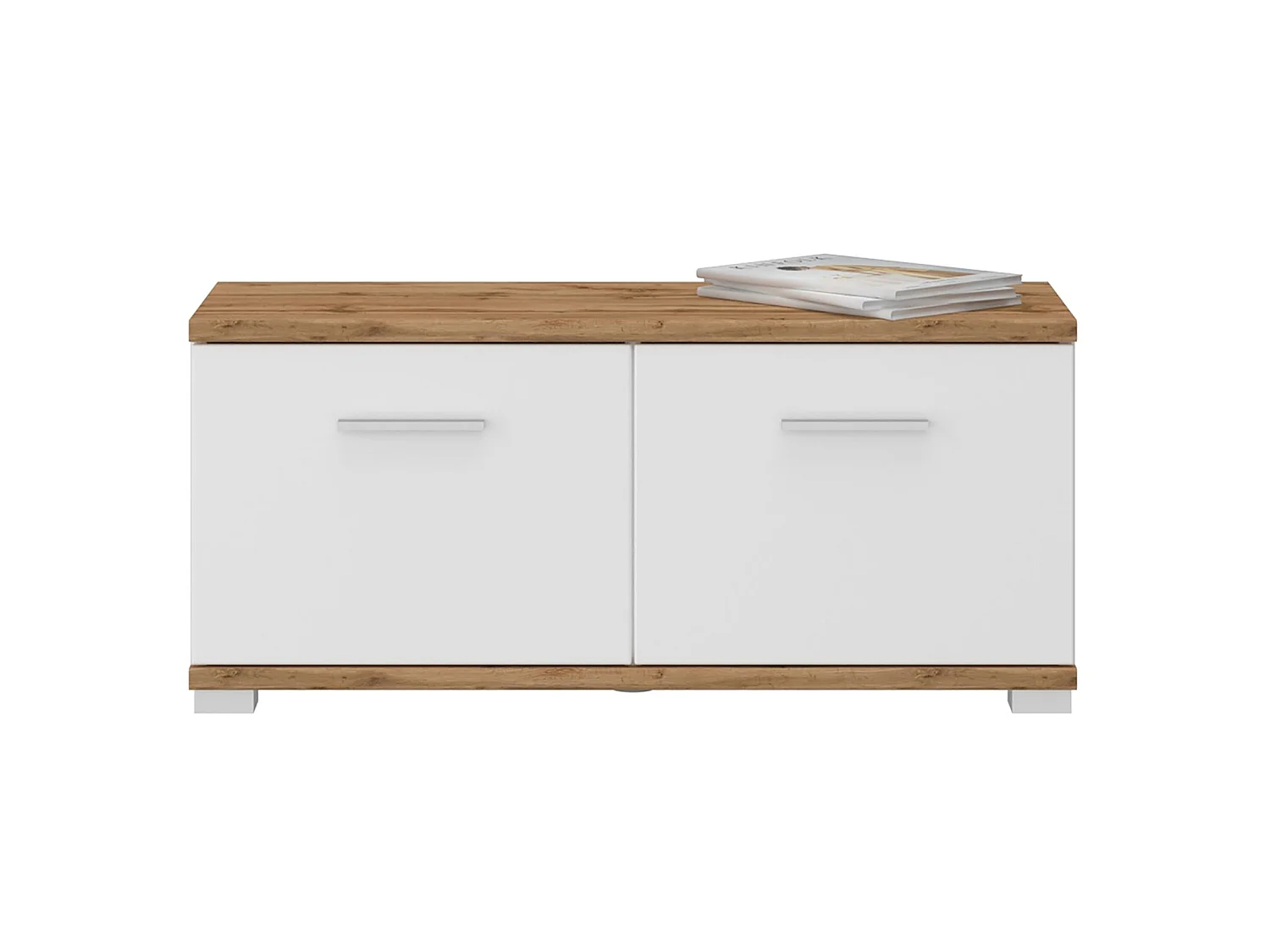 Banc rangement à chaussures VIELLA banc d'entrée 2 portes, en mélaminé couleur chêne wotan et blanc
