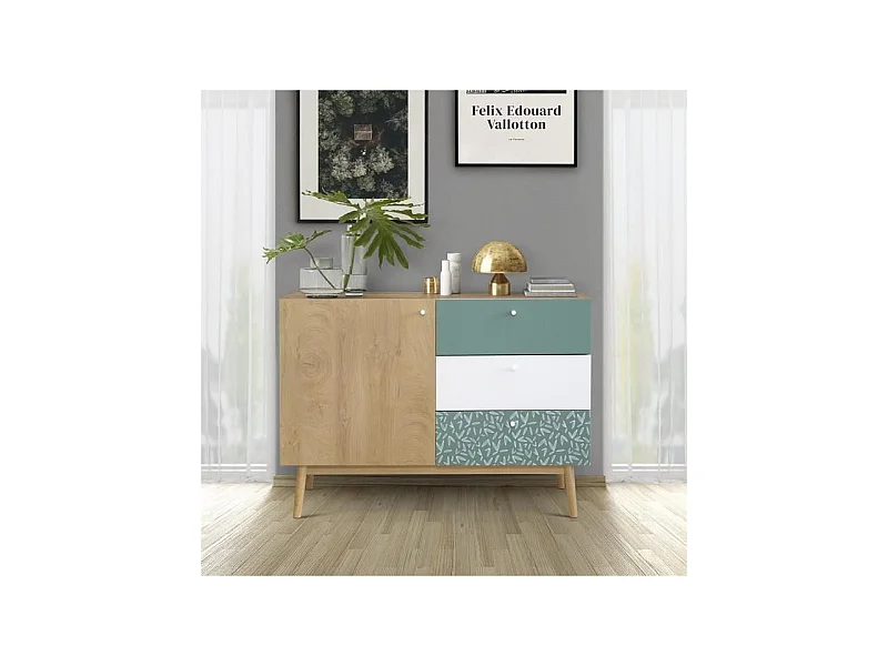 Buffet - Chene et vert - Style ethnique - 1 porte - GARDENIA - L 110 x P 45 x H 80 cm