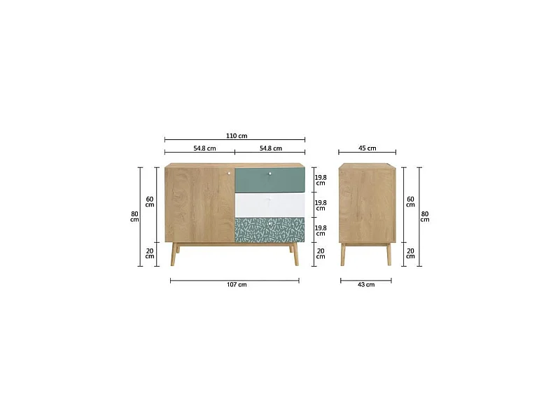 Buffet - Chene et vert - Style ethnique - 1 porte - GARDENIA - L 110 x P 45 x H 80 cm
