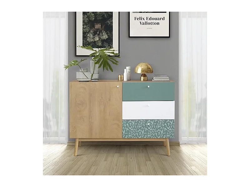 Buffet - Chene et vert - Style ethnique - 1 porte - GARDENIA - L 110 x P 45 x H 80 cm