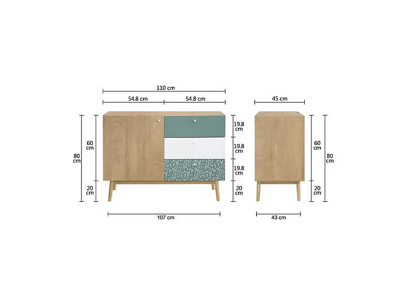 Buffet - Chene et vert - Style ethnique - 1 porte - GARDENIA - L 110 x P 45 x H 80 cm