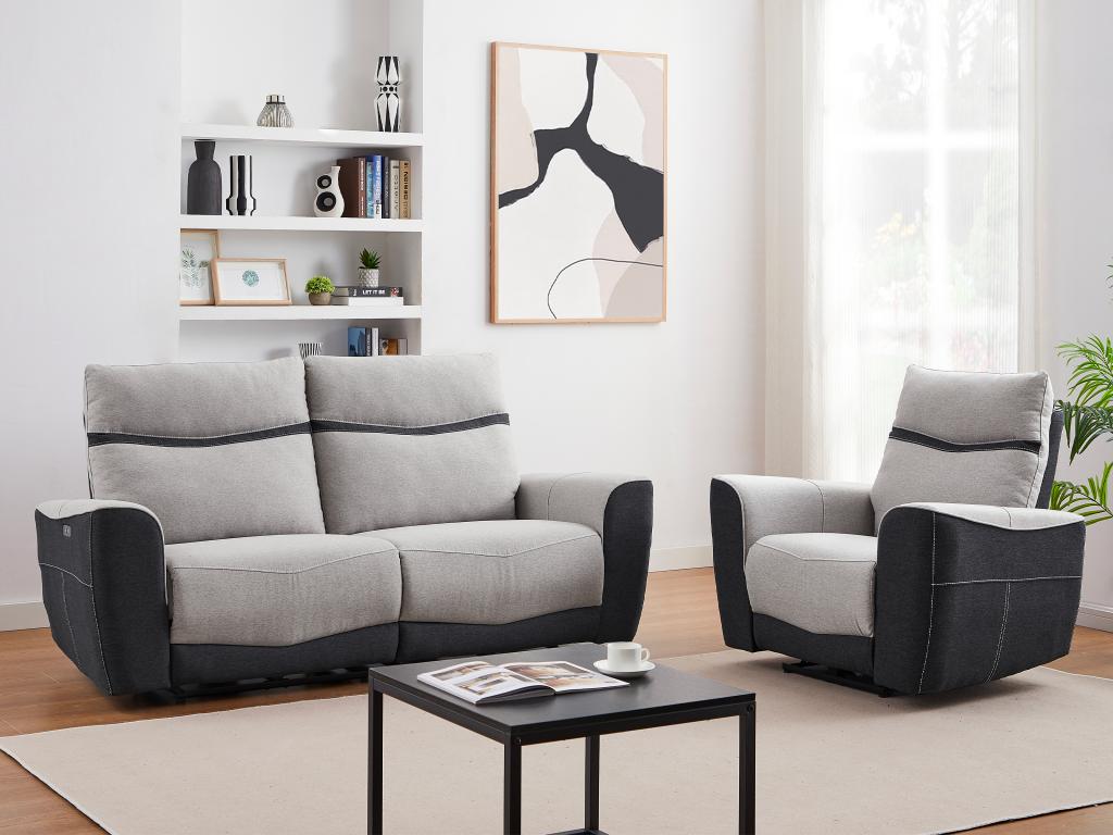 Sofá de 3 plazas y sillón relax eléctrico de tela gris y antracita DAMON