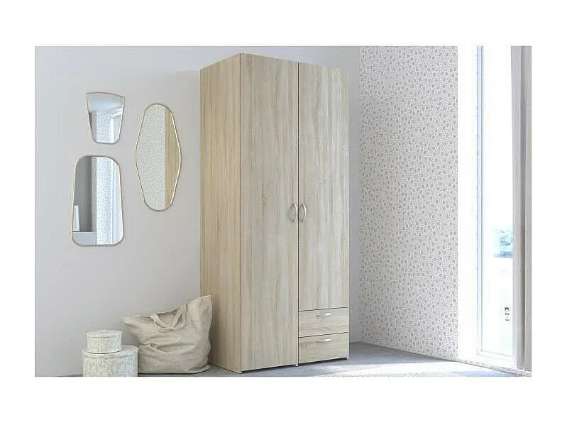 Armoire VARIA - Décor chene - 2 portes battantes + 2 tiroirs - L 81 x H 185 x P 51 cm - PARISOT