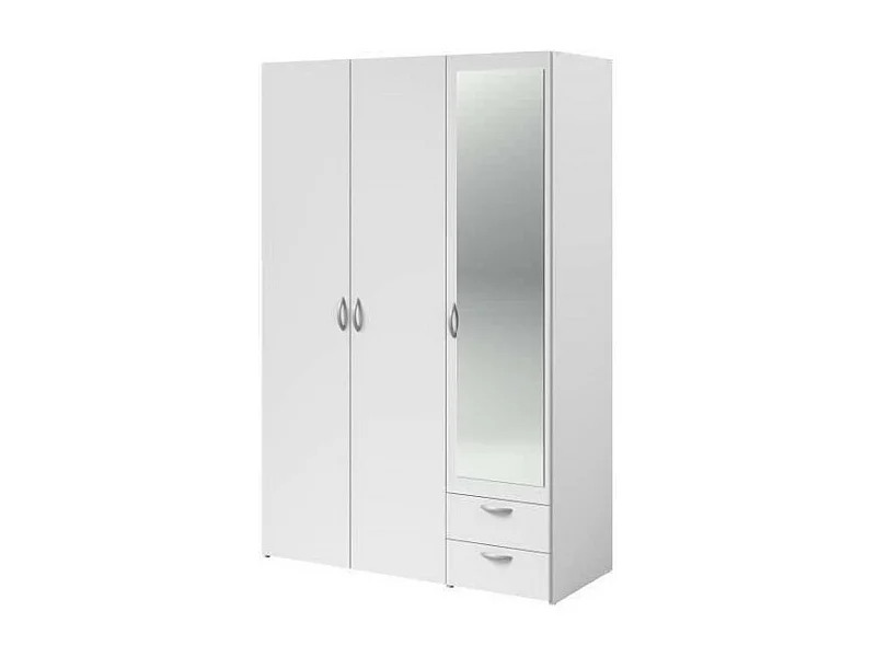 VARIA Kleiderschrank – Weiß – 3 Flügeltüren + Spiegel + 2 Schubladen – 120 x 185 x 51 cm