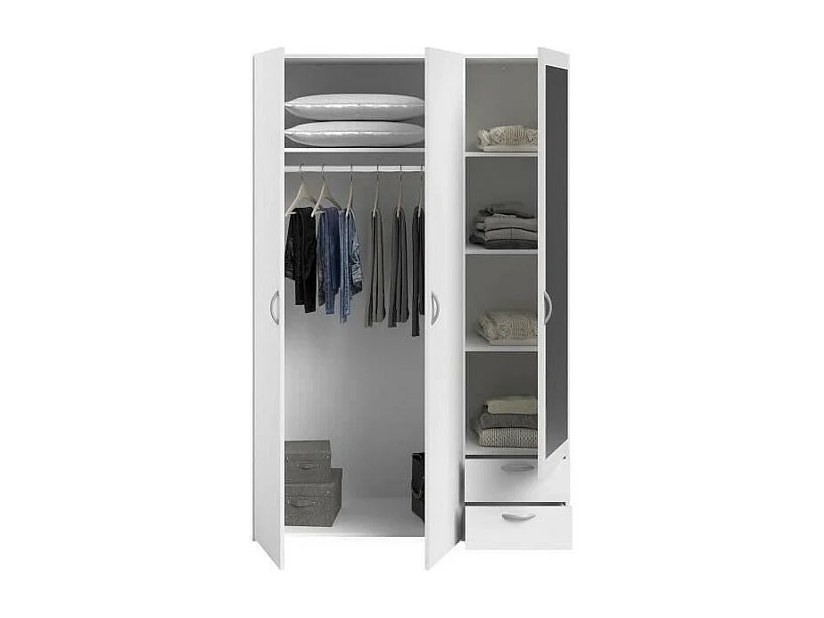 VARIA Kleiderschrank – Weiß – 3 Flügeltüren + Spiegel + 2 Schubladen – 120 x 185 x 51 cm
