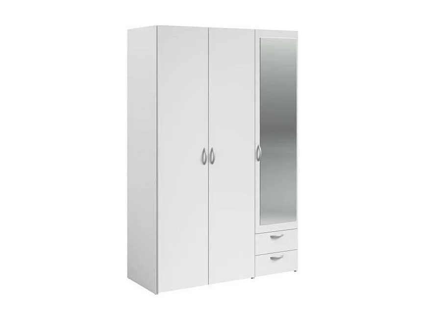 VARIA Kleiderschrank – Weiß – 3 Flügeltüren + Spiegel + 2 Schubladen – 120 x 185 x 51 cm