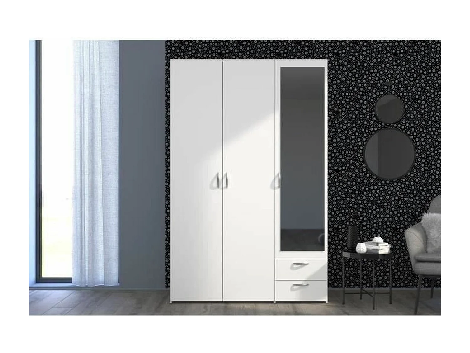 VARIA Kleiderschrank – Weiß – 3 Flügeltüren + Spiegel + 2 Schubladen – 120 x 185 x 51 cm