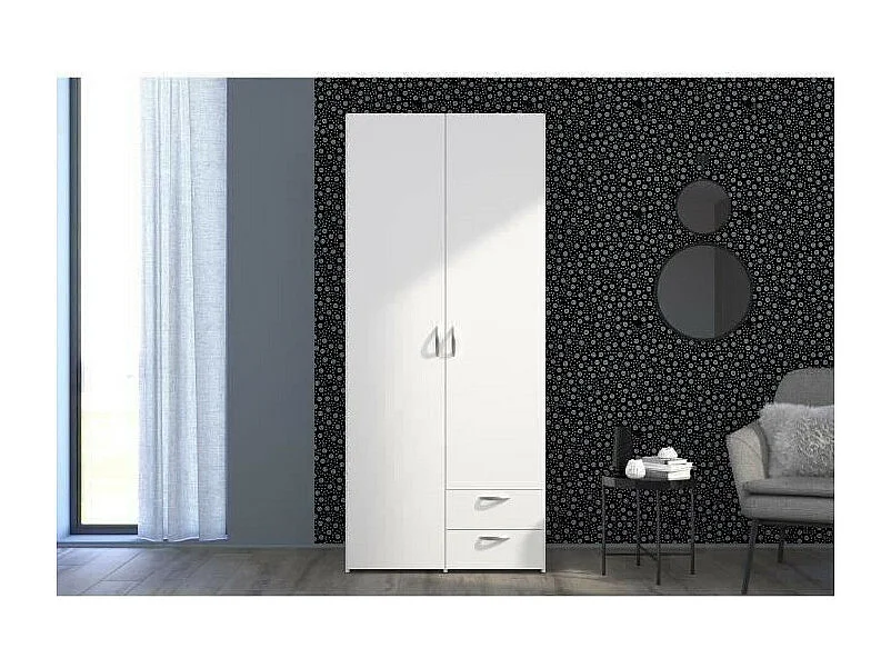 Armoire VARIA - Décor blanc - 2 portes battantes + 2 tiroirs - L 81 cm x H 185 x P 51 cm - PARISOT