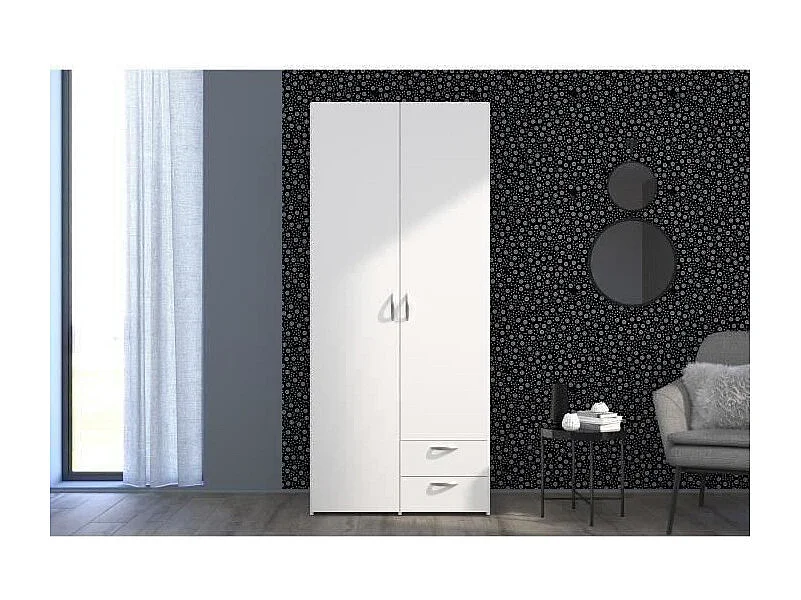 Armoire VARIA - Décor blanc - 2 portes battantes + 2 tiroirs - L 81 cm x H 185 x P 51 cm - PARISOT
