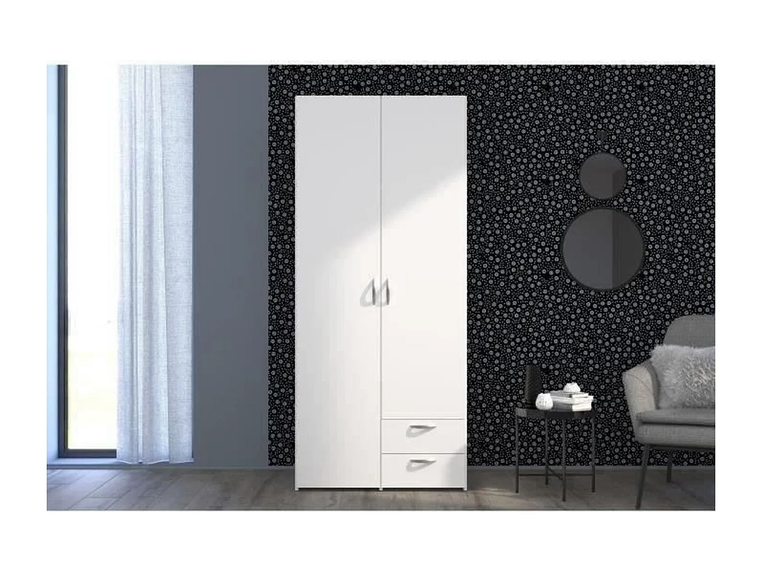 Armoire VARIA - Décor blanc - 2 portes battantes + 2 tiroirs - L 81 cm x H 185 x P 51 cm - PARISOT