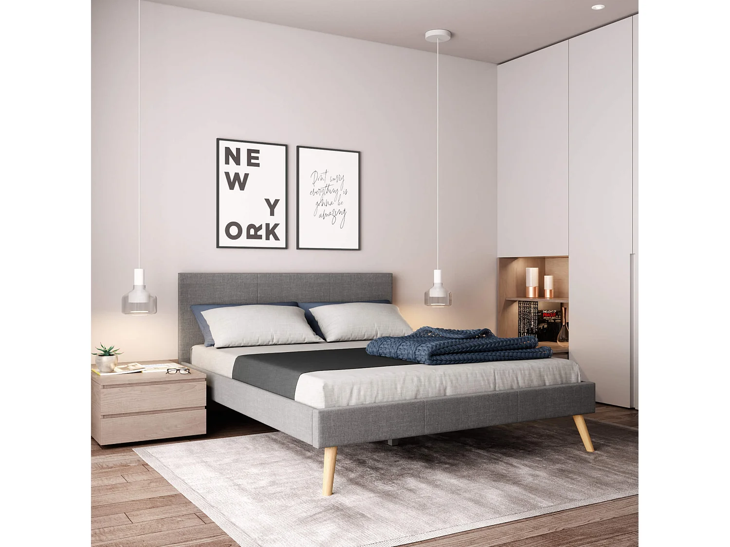 Lit en bois avec tête de lit tissu gris clair 160x200 - LT17020