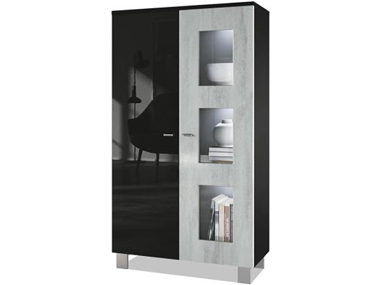 vente unique Vitrine sur pied avec 2 portes et 3 vitres noir mat/noir haute brillance/aspect béton oxyde éclairage led inclus (71 x 129 x 35 cm)