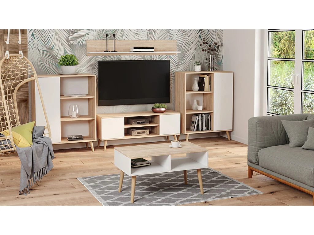 Table basse blanche  et plateau sonoma 90 x 55 x 50