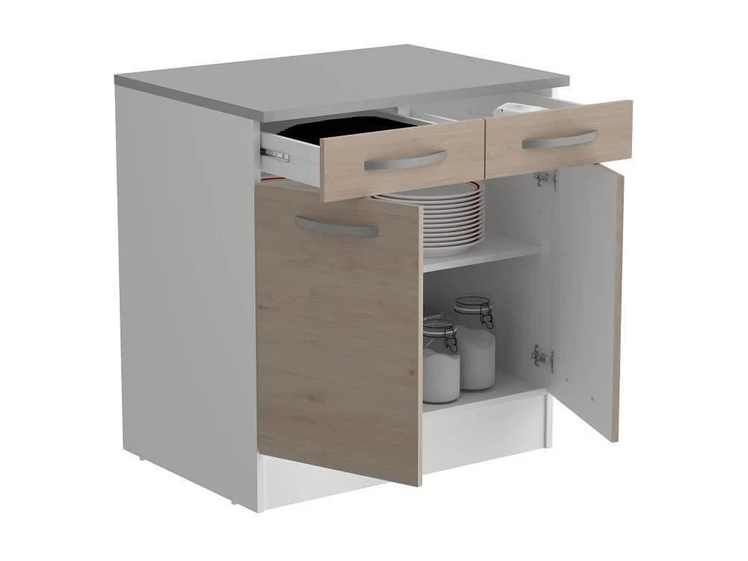 Meuble Bas 2 portes 2 tiroirs + plan - chêne Jackson - 80 x 60 x Hauteur 86 cm