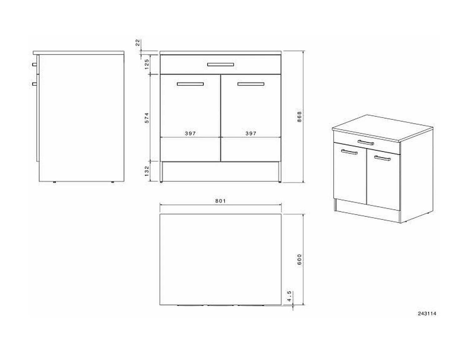 Meuble Bas blanc 2 portes + 2 tiroirs 80 x 60 x Hauteur 86 cm