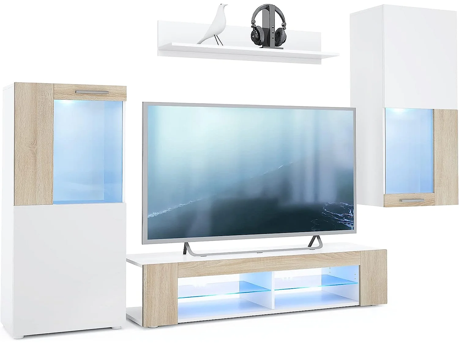 Meubles de salon en blanc et aspect chêne leds bleus