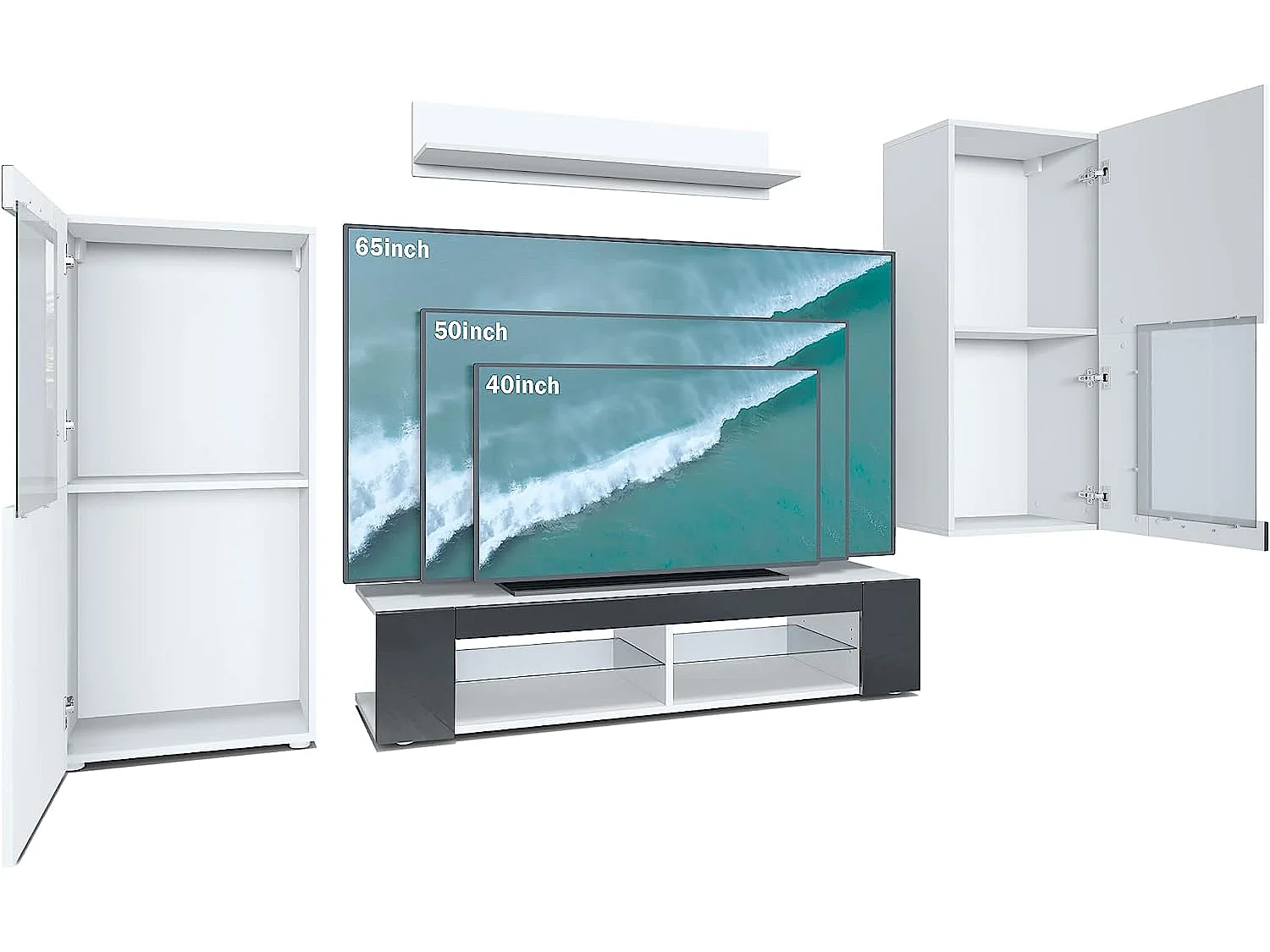 Meubles de salon en blanc et aspect chêne leds bleus