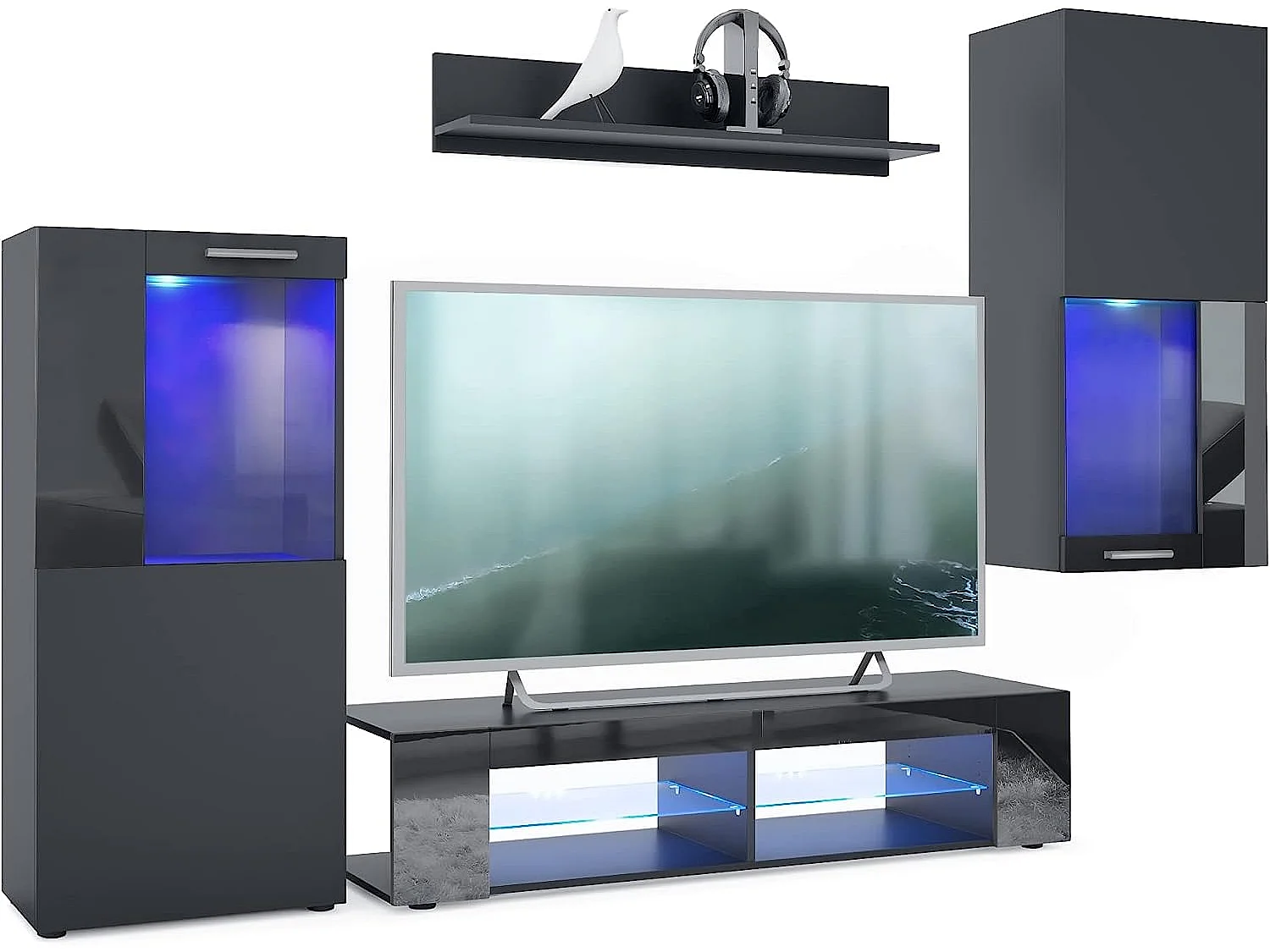 Meubles de salon en noir mat et laqué  avec leds bleus